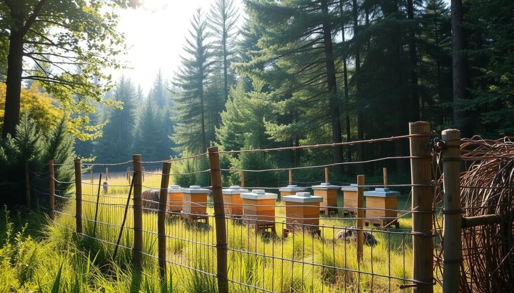 An apiary surrounded by a multi-layered defense system against bears and raccoons. In the foreground, a sturdy wooden fence adorned with rolls of barbed wire and tall, thick shrubbery. The middle ground features several beehives neatly arranged, with reinforced wire cages and motion sensor alarms visible. In the background, a dense forest under soft, dappled sunlight filtering through tree canopies, creating a serene yet tense atmosphere. The scene should be shot from a slightly elevated angle to provide depth, with vibrant colors that highlight the green foliage and the warm wood of the hives. The mood conveys a sense of security and protection, displaying the ingenuity of beekeeping defense methods. An apiary surrounded by a multi-layered defense system against bears and raccoons. In the foreground, a sturdy wooden fence adorned with rolls of barbed wire and tall, thick shrubbery. The middle ground features several beehives neatly arranged, with reinforced wire cages and motion sensor alarms visible. In the background, a dense forest under soft, dappled sunlight filtering through tree canopies, creating a serene yet tense atmosphere. The scene should be shot from a slightly elevated angle to provide depth, with vibrant colors that highlight the green foliage and the warm wood of the hives. The mood conveys a sense of security and protection, displaying the ingenuity of beekeeping defense methods.
