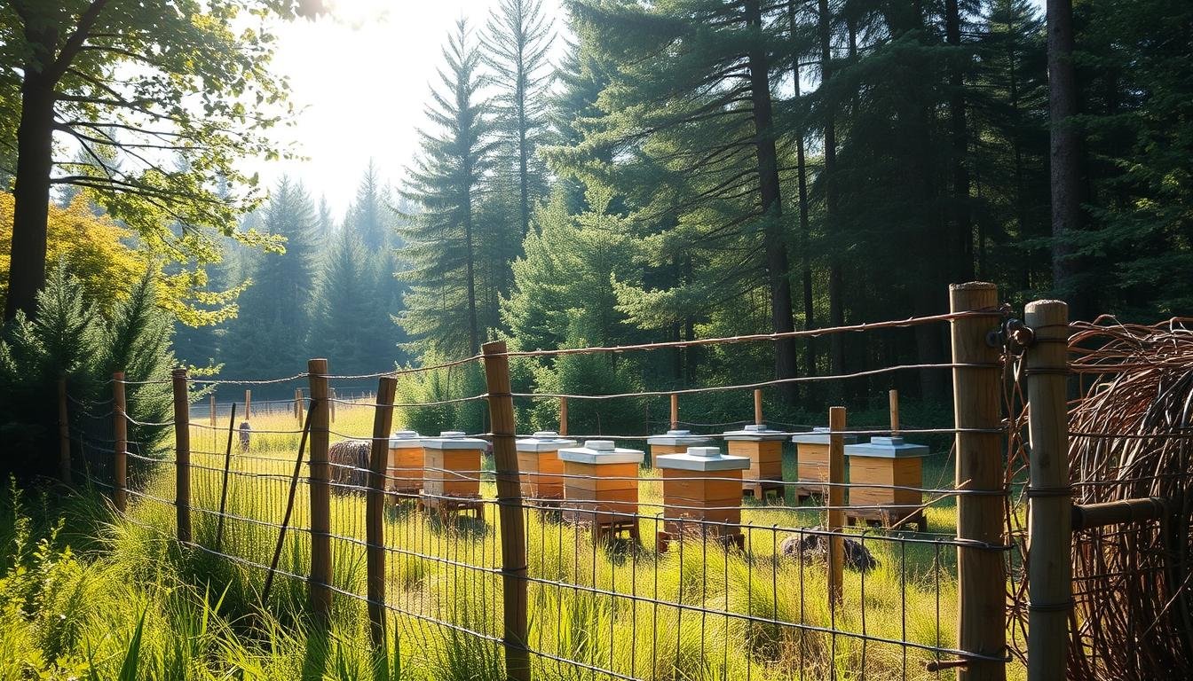 An apiary protected by a multi-layered defense system against bears and raccoons, the kind of setup a robust electric fence system like Premier1 is built to provide