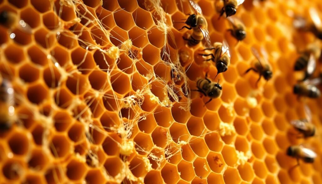 An up-close view of honeycomb with visible signs of wax moth infestation, showcasing delicate webbing woven throughout the brood comb. The foreground features the intricate, silken threads glistening softly in warm, natural light, emphasizing their texture and fragility. In the middle, the honeycomb exhibits signs of damage, with scattered small bits of frass (moth droppings) and abandoned cocoons, adding a sense of decay to the scene. The background includes blurred imagery of bees at work, hinting at their distress caused by the infestation, against a softly focused, natural hive environment. The mood is one of urgency and concern, capturing the critical signs of pest invasion in a beehive. An up-close view of honeycomb with visible signs of wax moth infestation, showcasing delicate webbing woven throughout the brood comb. The foreground features the intricate, silken threads glistening softly in warm, natural light, emphasizing their texture and fragility. In the middle, the honeycomb exhibits signs of damage, with scattered small bits of frass (moth droppings) and abandoned cocoons, adding a sense of decay to the scene. The background includes blurred imagery of bees at work, hinting at their distress caused by the infestation, against a softly focused, natural hive environment. The mood is one of urgency and concern, capturing the critical signs of pest invasion in a beehive.