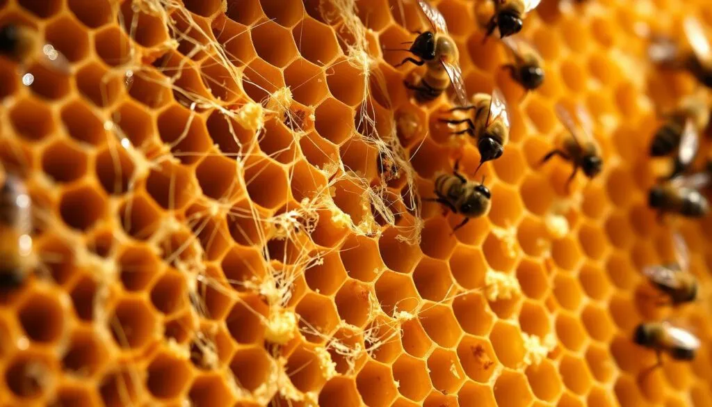 An up-close view of honeycomb with visible signs of wax moth infestation, showcasing delicate webbing woven throughout the brood comb. The foreground features the intricate, silken threads glistening softly in warm, natural light, emphasizing their texture and fragility. In the middle, the honeycomb exhibits signs of damage, with scattered small bits of frass (moth droppings) and abandoned cocoons, adding a sense of decay to the scene. The background includes blurred imagery of bees at work, hinting at their distress caused by the infestation, against a softly focused, natural hive environment. The mood is one of urgency and concern, capturing the critical signs of pest invasion in a beehive.