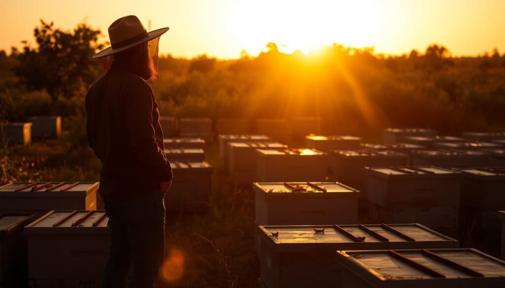 Beekeeper at sunset looking over apiary with sense of accomplishment