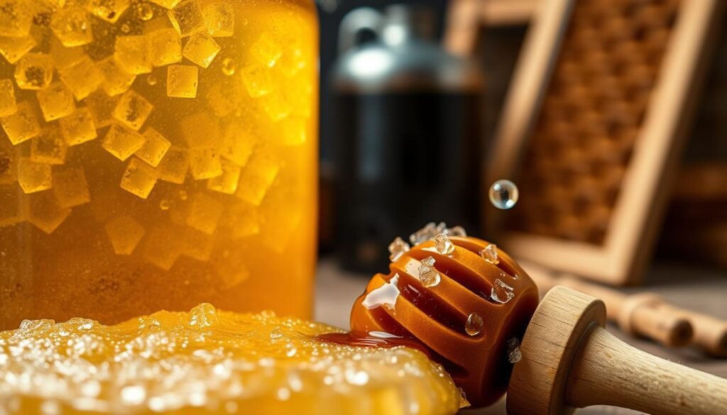 Close-up view of the honey crystallization process, showcasing a jar of honey filled with visible sugar crystals forming within. In the foreground, focus on the honey's textured surface, glistening under soft, warm lighting. The middle ground features a wooden honey dipper resting beside the jar, with crystallized droplets clinging to the tip. The background includes blurred beekeeping tools, like a smoker and frames with honeycomb, subtly hinting at the natural origin of the honey. The entire scene conveys a cozy, organic atmosphere, emphasizing the beauty and complexity of the crystallization process. Use a shallow depth of field to draw attention to the honey and dipper while keeping the background softly in focus.
