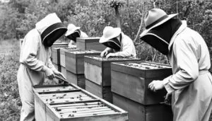 Historical beekeeping in USA showing traditional hives from the 1800s