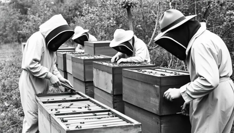 Historical beekeeping in USA showing traditional hives from the 1800s