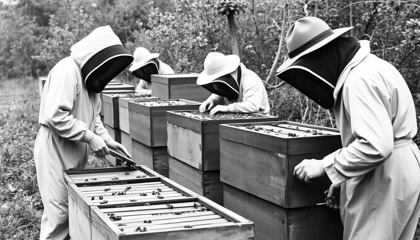 Historical beekeeping in USA showing traditional hives from the 1800s