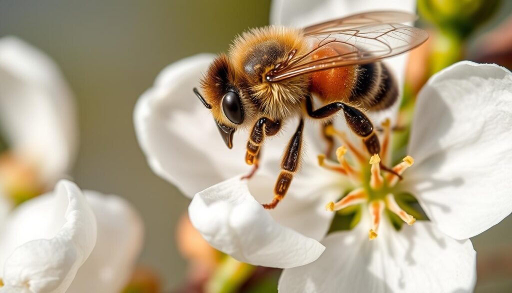 Honey bee pollinating an almond blossom in California