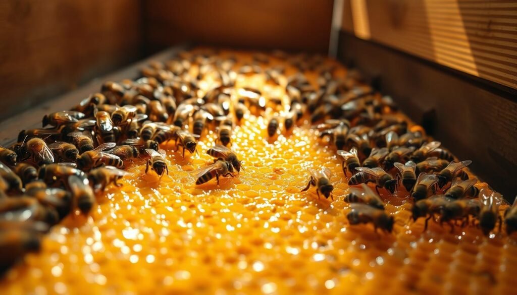 In a vibrant beehive interior, a close-up view of bees actively working on drawing out honeycomb from a frame smeared with glistening sugar syrup. The foreground features bees busily orienting and fostering wax as they transform the syrup into honeycomb, showcasing their natural teamwork. The middle ground highlights the densely packed frames filled with the early stages of comb, with glistening syrup reflecting soft, warm light, creating a sense of warmth and productivity. In the background, blurred wooden hive walls create an authentic beekeeping atmosphere. A natural light source envelops the scene, emphasizing the golden hues of the syrup and honeycomb while casting gentle shadows, evoking a mood of industriousness and harmony.