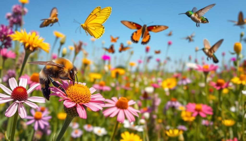 In a vibrant garden, a diverse array of pollinators is depicted in dynamic action. In the foreground, a close-up of a bumblebee energetically collecting nectar from a blooming wildflower, showcasing intricate details of its fuzzy body and delicate wings. In the middle ground, butterflies flutter above colorful flowers, while hummingbirds hover gracefully, their iridescent feathers catching the sunlight. The background features a lush, blooming meadow, dotted with various plants known to attract pollinators, set against a clear blue sky. The lighting is warm and cheerful, evoking a sense of harmony in nature. Use a soft focus on the background to emphasize the busy activity of the pollinators in the fore. The overall mood conveys a sense of beauty, vitality, and ecological importance.