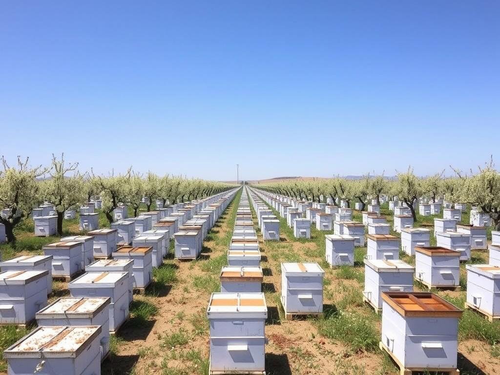 Modern commercial beekeeping operation in USA with rows of hives in an almond orchard