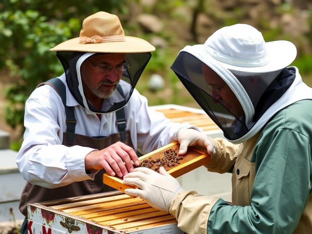 New beekeeper being mentored during a hive inspection