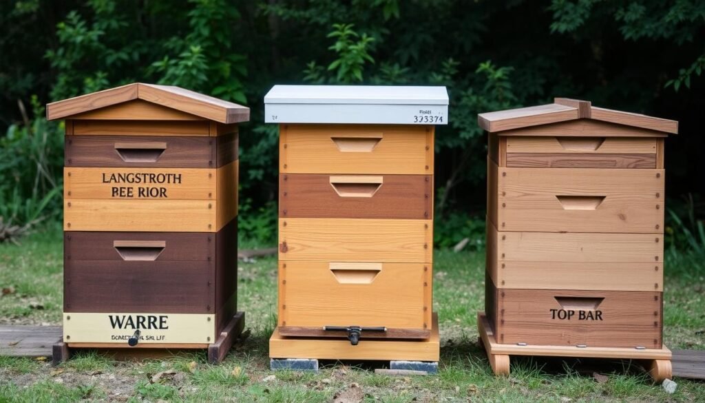 Three different types of beehives (Langstroth, Top Bar, and Warre) displayed side by side for comparison