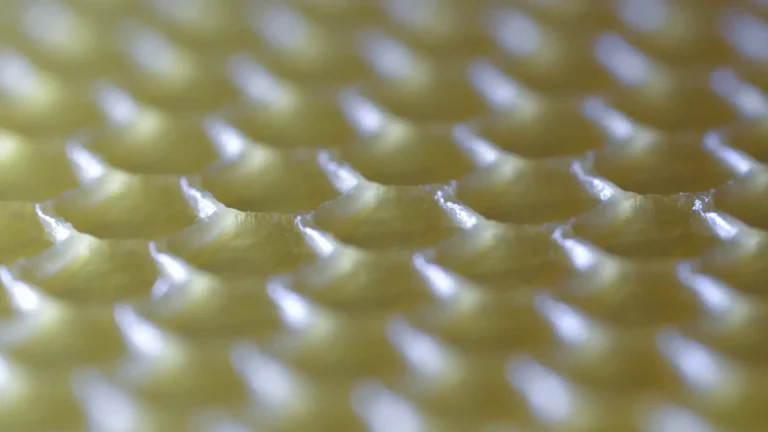 Close-up macro of embossed beeswax foundation showing rows of hexagonal cell bases in pale yellow wax