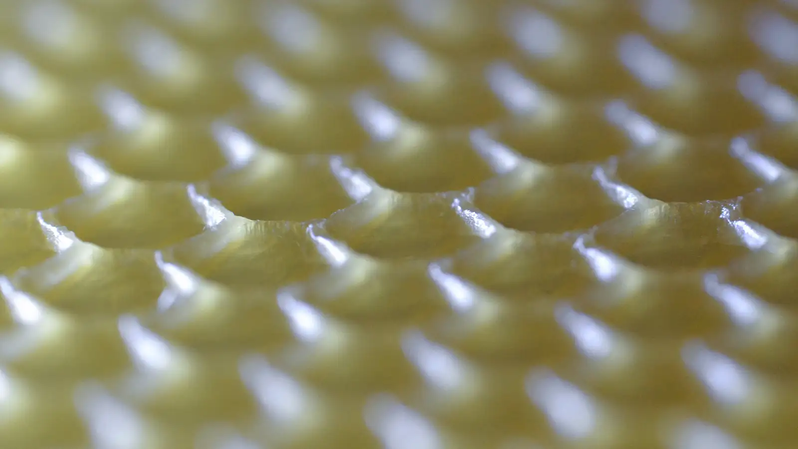 Close-up macro of embossed beeswax foundation showing rows of hexagonal cell bases in pale yellow wax