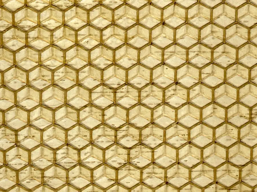 Backlit sheet of commercial beeswax foundation showing its hexagonal cell pattern and thin, translucent wax