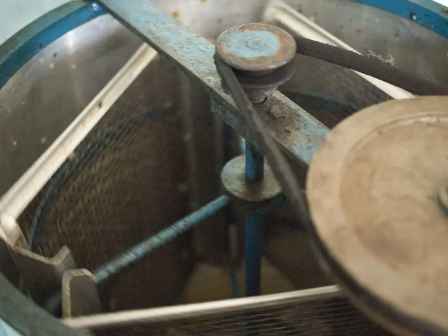 Hand turning the crank of a three-frame honey extractor fitted with a belt and pulley drive on the lid