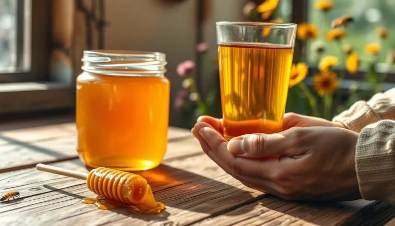 Jar of amber honey and a glass of honey held in cupped hands on a rustic wooden table