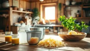 Shaved beeswax, a mesh strainer and jars of melted wax laid out on a workbench for purification