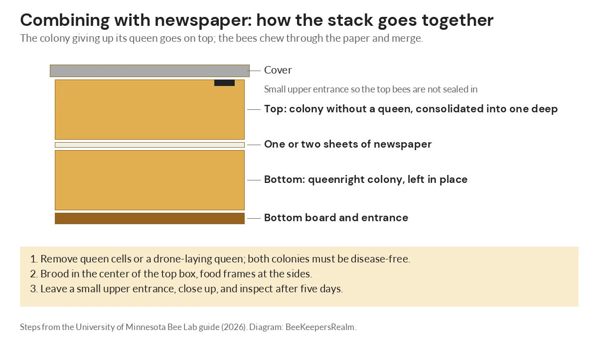 Diagram of a newspaper combine: queenless box on top, newspaper sheet, queenright colony below, small upper entrance