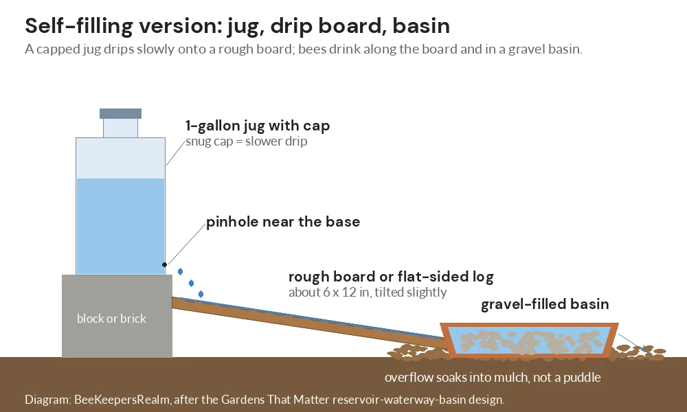 Diagram of a self-filling bee waterer: a capped gallon jug drips onto a tilted rough board that drains into a gravel basin