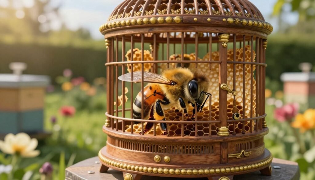 A Butler cage queen seated gracefully inside an ornate and intricately designed beekeeping cage, showcasing her regal presence. The foreground features the queen bee, highlighted under soft, natural lighting, emphasizing her vibrant colors and delicate features. The middle ground includes the intricately crafted cage with golden accents and detailed woodwork, surrounded by gentle honeycomb patterns. The background showcases a serene garden with blooming flowers and lush greenery, bathed in warm afternoon sunlight to evoke a peaceful atmosphere. The scene is captured from a slight low angle, providing an authoritative perspective that accentuates the queen's importance in the integration process. The overall mood is tranquil and harmonious, reflecting a sense of order and nature's beauty in beekeeping.