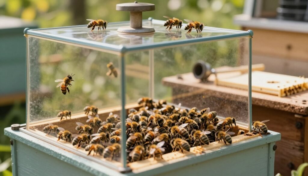 A Nicot cage placed prominently in the foreground, featuring a transparent view of the introduction chamber where a new queen bee is being gently released among the worker bees. The bees are lively, showcasing their natural behavior, while the queen stands out with her elongated abdomen and distinctive appearance. The surrounding depiction includes beekeeping tools like a smoker and frame on a wooden table in the middle ground. The background is a serene outdoor setting, with soft, dappled sunlight filtering through leaves, creating a warm and inviting atmosphere. The image is captured with a shallow depth of field, emphasizing the details of the Nicot cage and the bees while softly blurring the background. The overall mood conveys a sense of hope and diligence in beekeeping practices.