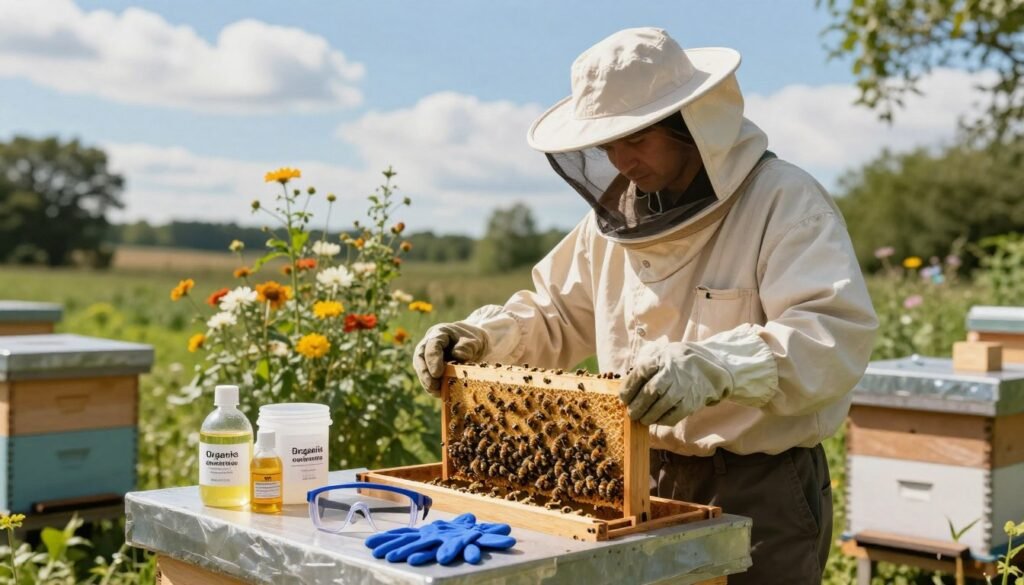 A backyard scene depicting a beekeeping setup focused on safety protocols for chemical and organic treatments. In the foreground, a well-equipped beekeeper wearing protective clothing and gloves inspects a hive, carefully observing bees within. Nearby, a table is organized with labeled containers of organic treatment solutions, safety goggles, and gloves. In the middle ground, flowering plants surround the hive, providing a natural habitat for the bees. The background showcases a sunny, blue sky dotted with fluffy white clouds, creating a warm and inviting atmosphere. The lighting is soft and natural, casting gentle shadows for depth. The image should evoke a sense of safety, diligence, and harmony with nature.