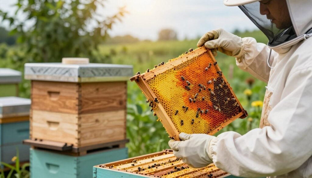 A balanced composition of biosecurity frames in a modern apiary setting. In the foreground, a close-up view of a beekeeper in professional attire carefully inspecting two vibrant, well-maintained pollen frames, showcasing rich yellow and orange hues of pollen. The middle ground reveals a wooden hive, intricately designed and nestled amidst lush green foliage, indicating a biodiverse environment. The background features soft-focus elements of a sunny sky, casting warm, natural light that enhances the vivid colors of the frames and the surrounding flora. The atmosphere conveys a sense of precision and care, illustrating the importance of balancing biosecurity measures with the efficient reuse of resources in beekeeping. Depth of field focuses on the frames while softly blurring the background, drawing the viewer's attention to the intricate details of biosecurity in apiculture. A balanced composition of biosecurity frames in a modern apiary setting. In the foreground, a close-up view of a beekeeper in professional attire carefully inspecting two vibrant, well-maintained pollen frames, showcasing rich yellow and orange hues of pollen. The middle ground reveals a wooden hive, intricately designed and nestled amidst lush green foliage, indicating a biodiverse environment. The background features soft-focus elements of a sunny sky, casting warm, natural light that enhances the vivid colors of the frames and the surrounding flora. The atmosphere conveys a sense of precision and care, illustrating the importance of balancing biosecurity measures with the efficient reuse of resources in beekeeping. Depth of field focuses on the frames while softly blurring the background, drawing the viewer's attention to the intricate details of biosecurity in apiculture.