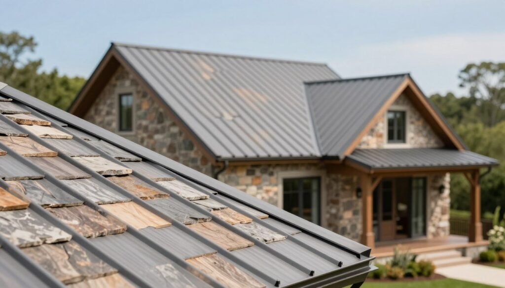 A beautiful house featuring stone coated metal roofing that mimics the warm, textured appearance of natural wood. The foreground displays the intricate detail of the roofing materials, showcasing a mix of gray and earthy tones that create a harmonious blend. In the middle ground, the house's architecture, with large windows and a welcoming porch, complements the roofing design, enhancing its aesthetic appeal. The background features a clear blue sky and lush greenery, adding to the inviting atmosphere. Soft, natural lighting highlights the textures of the roof, while a slight tilt-shift effect emphasizes the roofing in focus. The overall mood is serene and stylish, illustrating the elegance of metal materials that achieve the look of wood without compromising on durability. A beautiful house featuring stone coated metal roofing that mimics the warm, textured appearance of natural wood. The foreground displays the intricate detail of the roofing materials, showcasing a mix of gray and earthy tones that create a harmonious blend. In the middle ground, the house's architecture, with large windows and a welcoming porch, complements the roofing design, enhancing its aesthetic appeal. The background features a clear blue sky and lush greenery, adding to the inviting atmosphere. Soft, natural lighting highlights the textures of the roof, while a slight tilt-shift effect emphasizes the roofing in focus. The overall mood is serene and stylish, illustrating the elegance of metal materials that achieve the look of wood without compromising on durability.