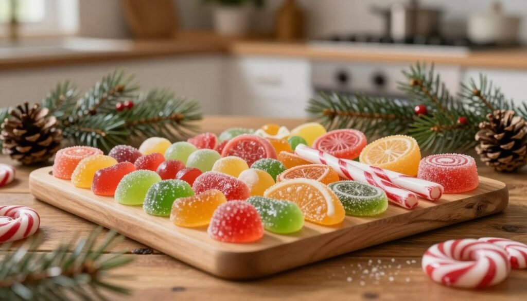 A beautifully arranged candy board frame set on a rustic wooden table, featuring an assortment of vibrant, colorful candies in various shapes and sizes, such as gumdrops, jellied fruits, and peppermint sticks. The foreground showcases a detailed close-up of the candies, glistening under soft, warm lighting, emphasizing their sugary textures. In the middle, the candy board is surrounded by seasonal decorations like pine branches and miniature pine cones for a winter atmosphere. The background features a blurred, cozy kitchen setting with a faint glow from a fireplace, enhancing the warm ambience. The overall mood is inviting and festive, suggesting a perfect holiday treat. Use a shallow depth of field to focus on the candy board while softly blurring the background elements.