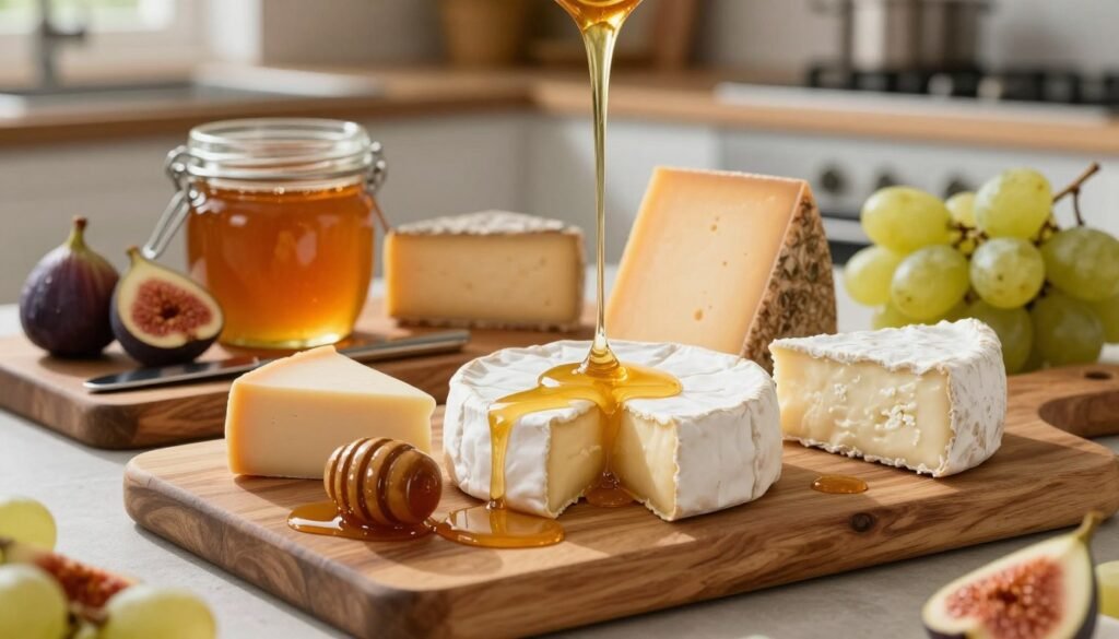 A beautifully arranged cheese platter featuring a selection of artisanal cheeses, including creamy brie, aged cheddar, and tangy goat cheese, elegantly paired with jars of amber honey. In the foreground, there are glistening honey drizzles artfully cascading over the cheeses, creating a mouthwatering contrast. The middle ground includes rustic wooden cheese boards, with small tasting knives and clusters of fresh fruits like figs and grapes adding vibrant colors. Soft, natural light illuminates the scene, casting gentle shadows that enhance the textures of the cheeses and honey. In the background, a blurred ambiance of a cozy kitchen setting adds warmth and a welcoming feel, inviting viewers to indulge in this gourmet experience. The overall mood is inviting and sophisticated, perfect for enhancing the evaluation of honey through food pairings. A beautifully arranged cheese platter featuring a selection of artisanal cheeses, including creamy brie, aged cheddar, and tangy goat cheese, elegantly paired with jars of amber honey. In the foreground, there are glistening honey drizzles artfully cascading over the cheeses, creating a mouthwatering contrast. The middle ground includes rustic wooden cheese boards, with small tasting knives and clusters of fresh fruits like figs and grapes adding vibrant colors. Soft, natural light illuminates the scene, casting gentle shadows that enhance the textures of the cheeses and honey. In the background, a blurred ambiance of a cozy kitchen setting adds warmth and a welcoming feel, inviting viewers to indulge in this gourmet experience. The overall mood is inviting and sophisticated, perfect for enhancing the evaluation of honey through food pairings.