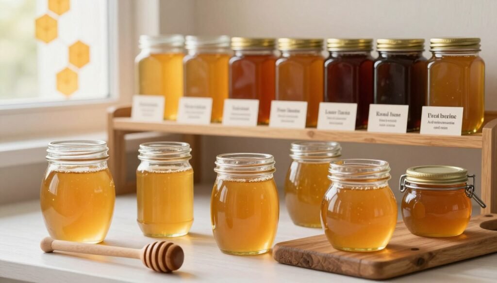 A beautifully arranged display of honey storage best practices, showcasing clear glass jars filled with golden honey in various shapes and sizes in the foreground. Beside the jars, a wooden honey dipper rests on a rustic cutting board, emphasizing the natural aspect of honey. In the middle ground, a wooden shelf is lined with organic labels and small informational cards guiding proper storage techniques, such as using airtight containers and storing in a cool, dark place. In the background, soft, warm lighting filters through a window adorned with honeycomb patterns, creating a cozy and inviting atmosphere. The image captures the essence of careful honey preservation in a clean, aesthetically pleasing composition.