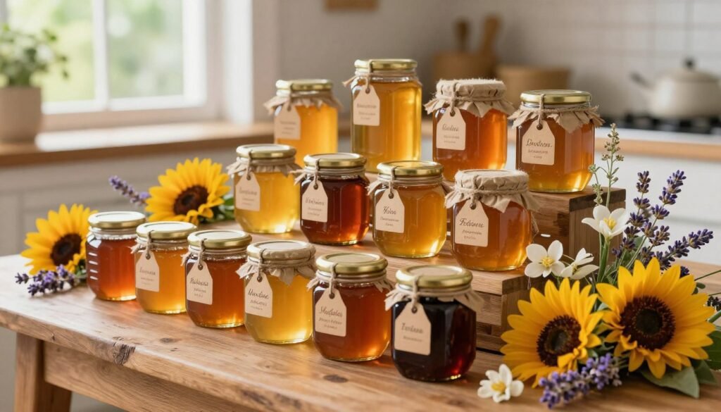 A beautifully arranged display of honey varieties on a rustic wooden table, showcasing jars filled with honey from different floral sources, such as wildflower, clover, and orange blossom. In the foreground, the jars are artistically labeled with elegant tags, their colors ranging from golden amber to dark brown. The middle layer features delicate flowers, like lavender and sunflowers, surrounding the jars, enhancing their floral essence. In the background, a soft-focus of a sunlit kitchen with greenery seen through a window, creating a warm, inviting atmosphere. The lighting is soft and natural, emphasizing the golden hues of the honey. The angle should reflect a slightly elevated view, allowing for a comprehensive look at the variety and richness of the honeys, while conveying a mood of exploration and appreciation for the diverse flavors. A beautifully arranged display of honey varieties on a rustic wooden table, showcasing jars filled with honey from different floral sources, such as wildflower, clover, and orange blossom. In the foreground, the jars are artistically labeled with elegant tags, their colors ranging from golden amber to dark brown. The middle layer features delicate flowers, like lavender and sunflowers, surrounding the jars, enhancing their floral essence. In the background, a soft-focus of a sunlit kitchen with greenery seen through a window, creating a warm, inviting atmosphere. The lighting is soft and natural, emphasizing the golden hues of the honey. The angle should reflect a slightly elevated view, allowing for a comprehensive look at the variety and richness of the honeys, while conveying a mood of exploration and appreciation for the diverse flavors.