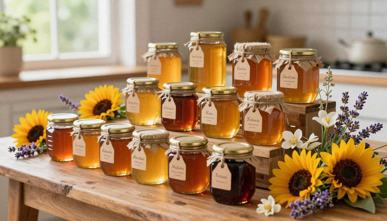 A beautifully arranged display of honey varieties on a rustic wooden table, showcasing jars filled with honey from different