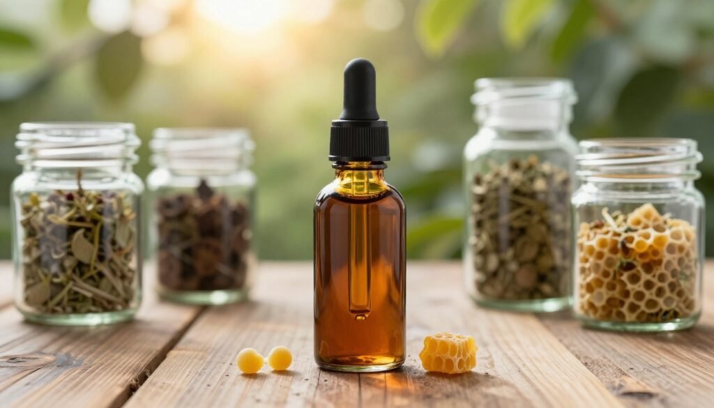 A beautifully arranged display of propolis tincture, showcasing a glass dropper bottle filled with rich brown liquid. The foreground features a rustic wooden table and a few scattered propolis pellets. In the middle, delicate glass jars filled with various herbal ingredients flank the tincture, enhancing the theme of creative applications. The background features a softly blurred garden scene with warm sunlight filtering through leaves, giving a tranquil and inviting atmosphere. The image should capture the essence of natural health and creativity, using soft, natural lighting to highlight the tincture's glossy surface and the textures of the herbs. The camera angle is slightly elevated, providing a dynamic view that draws the viewer's eye toward the tincture as the focal point.