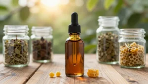 A beautifully arranged display of propolis tincture, showcasing a glass dropper bottle filled with rich brown liquid