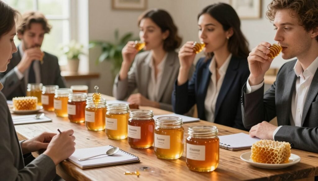 A beautifully arranged honey tasting environment, set on a rustic wooden table. The foreground features elegant glass jars filled with different types of honey, each uniquely labeled. A small notepad and a tasting spoon are placed next to the jars for notes. In the middle ground, a group of three individuals, dressed in professional business attire, are engaged in tasting, with expressions of curiosity and delight. Soft, warm lighting pours in from a nearby window, highlighting the rich, golden hues of the honey. The background is adorned with honeycomb and flowers, adding a natural touch, with warm wood tones and gentle greenery creating an inviting and relaxed atmosphere. The scene conveys a sense of professionalism and passion for honey tasting, making it ideal for small producers. A beautifully arranged honey tasting environment, set on a rustic wooden table. The foreground features elegant glass jars filled with different types of honey, each uniquely labeled. A small notepad and a tasting spoon are placed next to the jars for notes. In the middle ground, a group of three individuals, dressed in professional business attire, are engaged in tasting, with expressions of curiosity and delight. Soft, warm lighting pours in from a nearby window, highlighting the rich, golden hues of the honey. The background is adorned with honeycomb and flowers, adding a natural touch, with warm wood tones and gentle greenery creating an inviting and relaxed atmosphere. The scene conveys a sense of professionalism and passion for honey tasting, making it ideal for small producers.