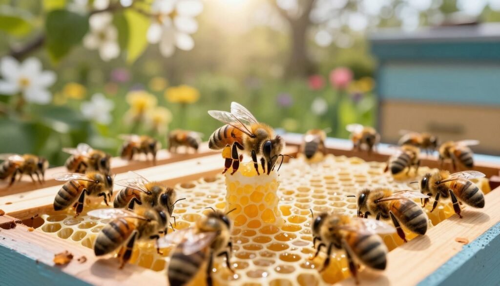 A beautifully arranged scene showcasing the "candy plug release method" for honeybee hives. In the foreground, a close-up view of a queen bee emerging from a cylindrical candy plug, surrounded by a cluster of worker bees eagerly tending to her. The middle ground features a bright, well-lit beehive with intricate wooden frames displaying honeycomb filled with golden honey. In the background, a lush garden with blooming flowers and soft sunlight filtering through leaves, creating a serene and vibrant atmosphere. The image should convey a sense of harmony and meticulous care in beekeeping. Use soft, natural lighting to enhance the vivid colors of the bees and flowers, captured with a macro lens from a low angle to emphasize the action around the queen bee, evoking a sense of excitement and renewal. A beautifully arranged scene showcasing the "candy plug release method" for honeybee hives. In the foreground, a close-up view of a queen bee emerging from a cylindrical candy plug, surrounded by a cluster of worker bees eagerly tending to her. The middle ground features a bright, well-lit beehive with intricate wooden frames displaying honeycomb filled with golden honey. In the background, a lush garden with blooming flowers and soft sunlight filtering through leaves, creating a serene and vibrant atmosphere. The image should convey a sense of harmony and meticulous care in beekeeping. Use soft, natural lighting to enhance the vivid colors of the bees and flowers, captured with a macro lens from a low angle to emphasize the action around the queen bee, evoking a sense of excitement and renewal.