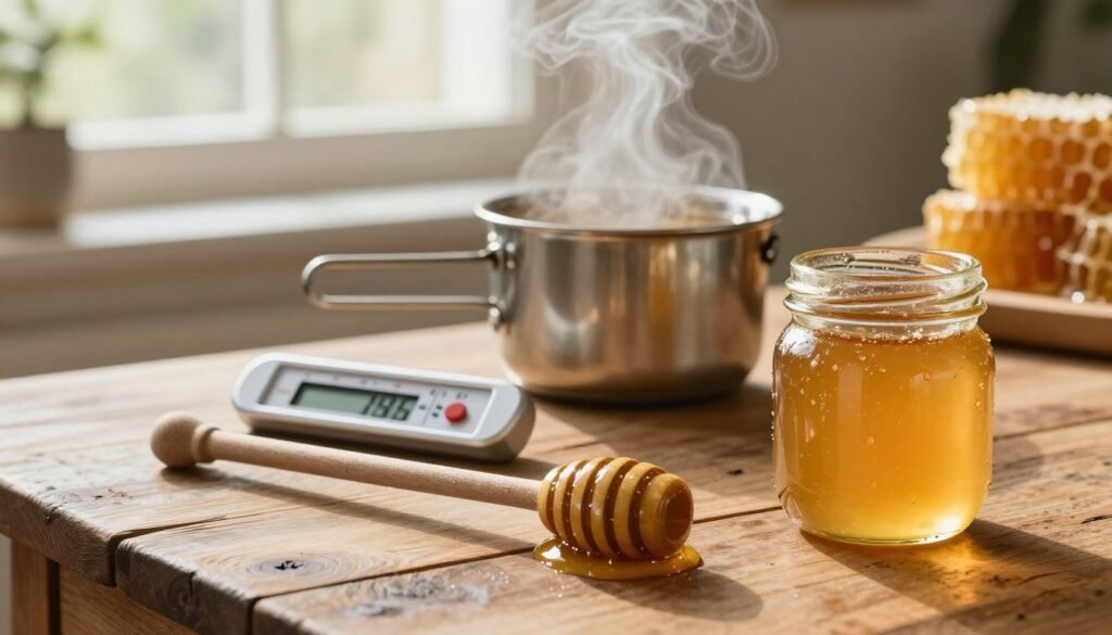 A beautifully arranged set of honey tools on a rustic wooden table. In the foreground, there’s a polished honey dipper and a glass jar of golden honey with droplets forming on the outside. The middle ground features a digital thermometer displaying a warm temperature, next to a small double boiler setup with steam gently rising, indicating the decrystallization process. In the background, soft, natural light filters in from a nearby window, creating a warm and inviting atmosphere, while a honeycomb structure is subtly visible. The overall mood is cozy and informative, capturing the essence of honey craftsmanship, perfect for illustrating essential tools for honey decrystallization.