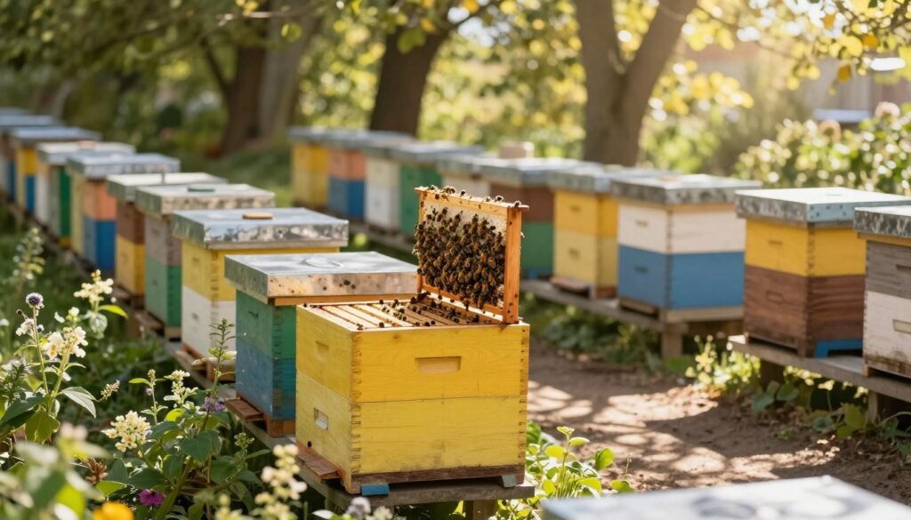 A beautifully composed image showcasing a variety of overwintered nucs in a well-maintained apiary. In the foreground, focus on a wooden nuc box with a vibrant color palette, surrounded by flowering plants and greenery, suggesting a lively environment. In the middle ground, display additional nuc boxes neatly lined up, highlighting their function and organization—some open to reveal bees actively working inside, showcasing the thriving colony. The background features lush trees under a soft, warm sunlight filtering through leaves, creating dappled shadows on the ground. Use a shallow depth of field to make the nucs the focal point, with gentle bokeh for a serene mood, inviting viewers to appreciate the essential equipment for beekeeping. The overall atmosphere is peaceful and industrious, reflecting the essence of a healthy apiary.