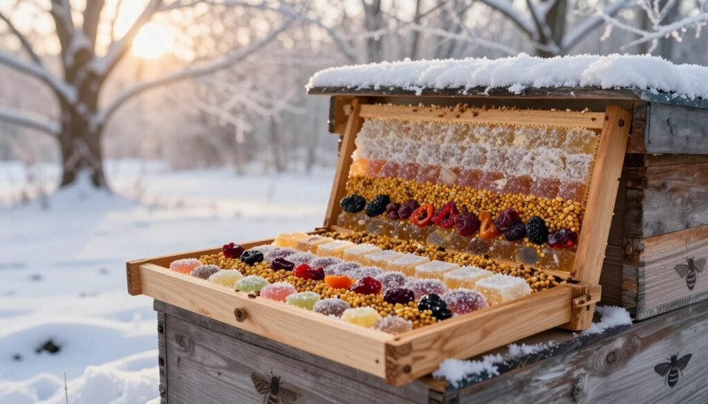 A beautifully crafted candy board designed for winter feeding in a beehive. The foreground features a detailed view of the candy board, showcasing layers of sugar candy with colorful, natural ingredients like dried fruits and pollen. In the middle, the candy board is positioned atop a wooden beehive, constructed from weathered wood, adorned with subtle bee motifs. The background displays a serene winter landscape with soft snow gently covering the ground and frosty trees, illuminated by soft, warm sunlight filtering through the branches, creating a cozy, inviting atmosphere. The lighting should be soft and natural, enhancing the warm hues of the candy and the rustic feel of the beehive. The overall mood is tranquil and nurturing, emphasizing the supportive role of the candy board in maintaining bee health during winter months.