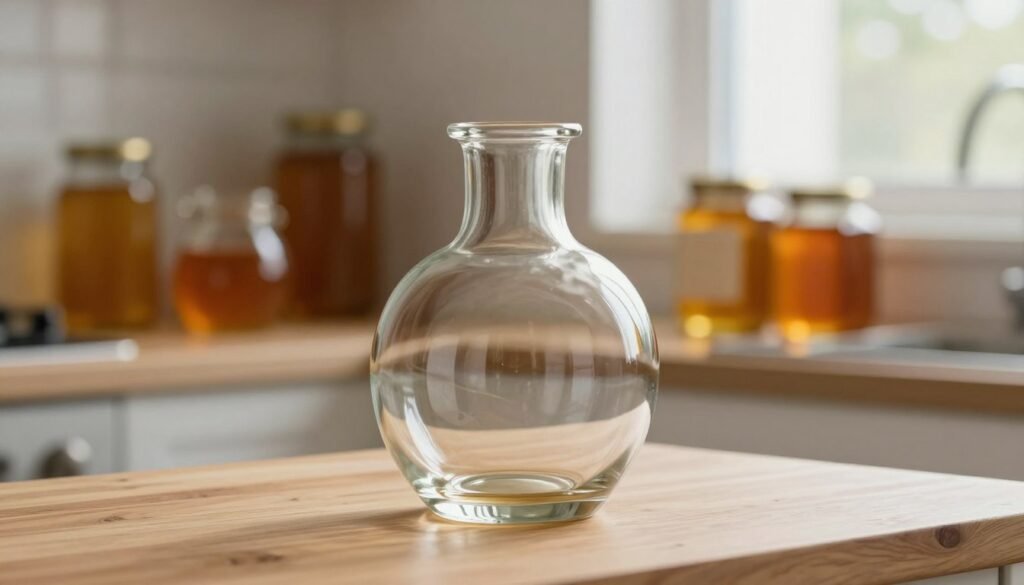 A beautifully crafted glass container, elegantly shaped with a rounded body and a thin neck, rests on a light wooden surface in the foreground. The glass is clear, allowing soft reflections of ambient light to play on its surface, highlighting the purity of the material. The middle ground showcases a subtle collection of honey jars in various shapes and sizes, suggesting different storage options. In the background, a softly blurred kitchen setting adds warmth, with natural light streaming in through a nearby window. The atmosphere is inviting and serene, ideal for a focus on selecting the right containers for honey. Use a shallow depth of field to emphasize the glass container while gently blurring the background, creating a professional and polished look.
