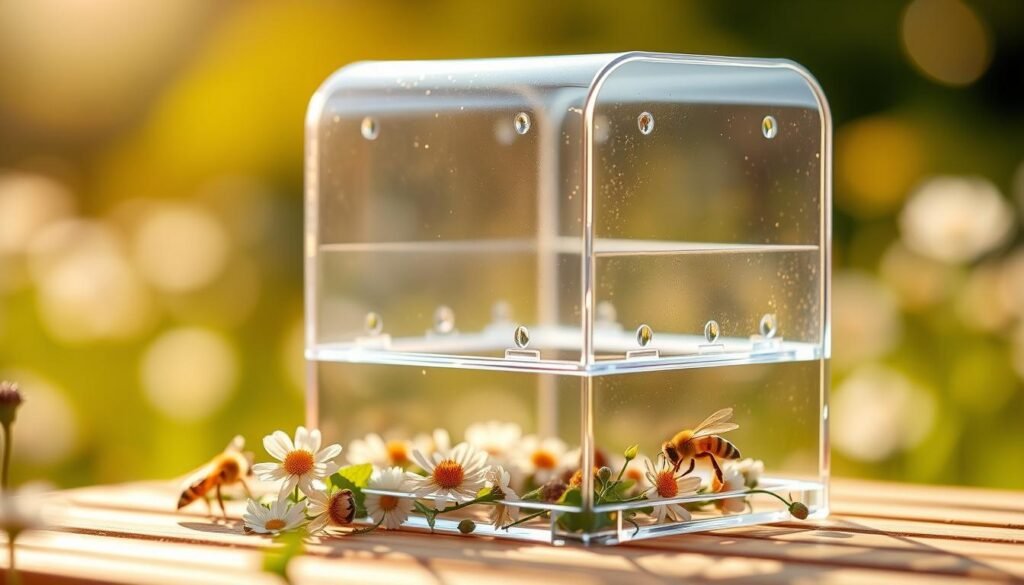 A beautifully crafted queen introduction cage, showcasing intricate design elements and functionality. In the foreground, focus on a clear, elegant cage made of durable materials, featuring small ventilation holes and a smooth, polished finish. The middle ground should include a natural setting with delicate flowers and foliage thoughtfully arranged around the base, representing a safe environment for the new queen bee. The background features soft bokeh effects of a sunny meadow, enhancing the serene atmosphere. The lighting is warm and inviting, casting soft shadows to create depth. Use a close-up angle to highlight the cage's details while maintaining an overall harmonious and tranquil mood, suitable for showcasing key features and design specifications.