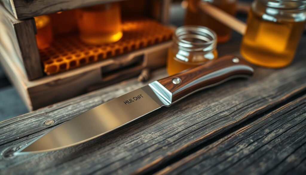 A beautifully crafted uncapping knife rests on a rustic wooden table, its polished stainless steel blade glistening under soft, warm natural light. The knife features a comfortable ergonomic handle made of rich, dark wood, emphasizing both elegance and functionality. In the background, a gentle blur reveals a cozy beekeeping setup with honeycomb frames and jars filled with golden honey, creating a harmonious beekeeping atmosphere. The angle is slightly overhead, allowing a clear view of the knife while capturing the inviting ambiance of the scene. The composition evokes a sense of warmth and approachability, perfect for inspiring beginner beekeepers. The overall mood is inviting, showcasing the uncapping knife as an essential tool in a beginner's journey into beekeeping. A beautifully crafted uncapping knife rests on a rustic wooden table, its polished stainless steel blade glistening under soft, warm natural light. The knife features a comfortable ergonomic handle made of rich, dark wood, emphasizing both elegance and functionality. In the background, a gentle blur reveals a cozy beekeeping setup with honeycomb frames and jars filled with golden honey, creating a harmonious beekeeping atmosphere. The angle is slightly overhead, allowing a clear view of the knife while capturing the inviting ambiance of the scene. The composition evokes a sense of warmth and approachability, perfect for inspiring beginner beekeepers. The overall mood is inviting, showcasing the uncapping knife as an essential tool in a beginner's journey into beekeeping.