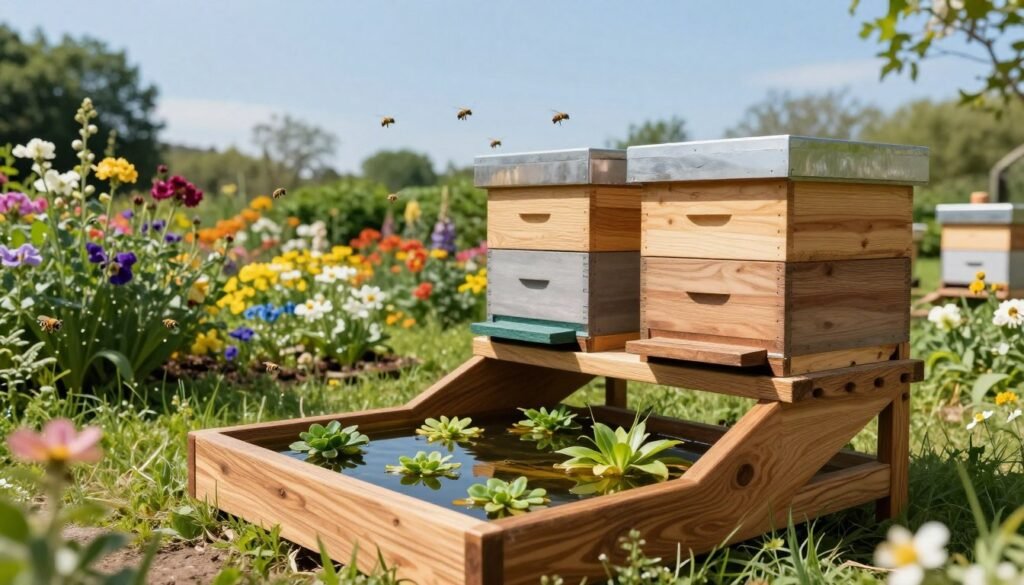 A beautifully designed anti-ant moat hive stand in the foreground, made of sturdy wood with a smooth finish, featuring a complex moat system filled with water and floating insect-repelling plants. The hive boxes are elegantly arranged on top, showcasing a natural yet modern design. In the middle ground, a well-maintained garden of colorful blossoms and greenery serves to highlight the hive stand, with bees busily flying around. The background displays a clear blue sky, suggesting a sunny day, with soft, diffused sunlight illuminating the scene. The entire atmosphere feels serene and inviting, perfect for a beekeeper’s paradise. The composition should focus on the vibrant colors, textures of the materials, and the intricate details of the moat construction, emphasizing practicality and functionality in beekeeping design.