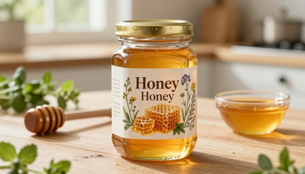 A beautifully designed honey label prominently featuring a clear jar of golden honey in the foreground. The label showcases intricate botanical illustrations of honeycomb and wildflowers, enhancing the natural appeal. In the middle ground, a wooden table with a rustic honey dipper and a small bowl of honey adds depth to the composition. The background features soft-focus elements of a sunlit kitchen, with herbs and plants to evoke a fresh and wholesome atmosphere. Warm, natural lighting enhances the golden hues of the honey and creates a cozy, inviting mood. The image should capture the essence of quality and care in honey production, suitable for an informative article section.