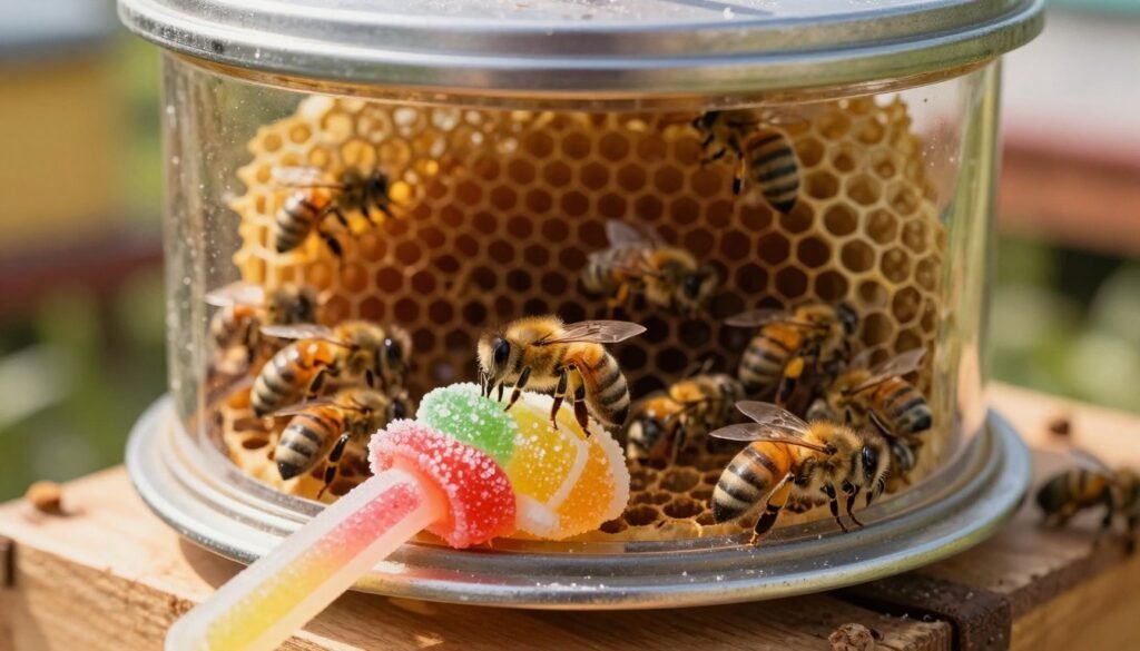 A beautifully detailed close-up of a bee queen cage, elegantly designed with a candy plug. The cage is round, made of transparent material, showcasing a serene queen bee inside, surrounded by gentle workers. In the foreground, focus on the intricate details of the candy plug, resembling a vibrant, colorful sugar structure, partially melted to show texture. In the middle, a softly blurred hive interior reveals hexagonal honeycomb cells and busy bees, enhancing the scene's liveliness. The background features a softly lit apiary, with warm golden tones filtering through, creating a tranquil and nurturing atmosphere. Capture the image using a macro lens to emphasize the textures, with balanced natural lighting, evoking feelings of care and harmony in beekeeping practices.