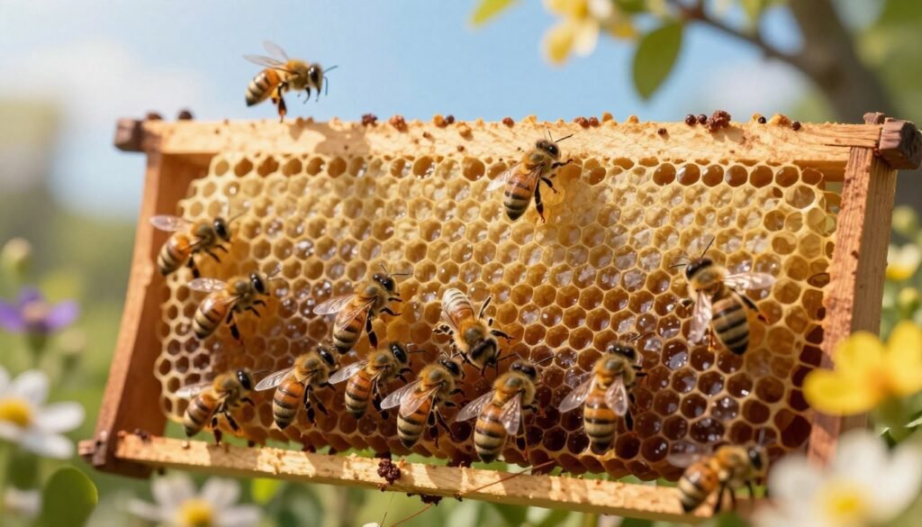 A beautifully detailed, close-up view of a nucleus hive, showcasing its unique structure and vibrant activity. In the foreground, visualize bees busily entering and exiting the hive, with one or two hovering around, capturing their intricate features and the golden hue of honeycomb. The middle ground features the hive itself, displaying its rows of frames, nestled in a natural setting surrounded by flowers and greenery, symbolizing a balanced ecosystem. The background includes a clear blue sky with soft, diffused sunlight filtering through the branches of trees, creating a serene and inviting atmosphere. The image should be photographed with a macro lens to highlight the delicate details, maintaining a warm and educational mood.