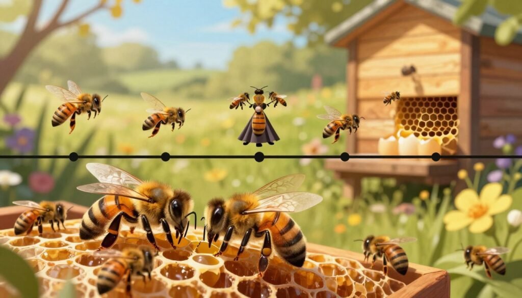 A beautifully illustrated, detailed timeline depicting the queen bee mating process and subsequent egg-laying. In the foreground, multiple queen cells are shown, with a queen bee emerging from one, surrounded by worker bees. The middle layer should include a chronological sequence illustrating distinct stages: her mating flight, the nuptial dance with drones, and the moment of egg-laying in a honeycomb cell. The background features a vibrant, sunny hive setting with flowers blooming outside, symbolizing the rich environment of a bee colony. Use warm, natural lighting to create an inviting atmosphere, with a soft focus on the queen and bees to emphasize their importance in this lifecycle event. The composition should effectively communicate the timeline aspect while remaining visually engaging.