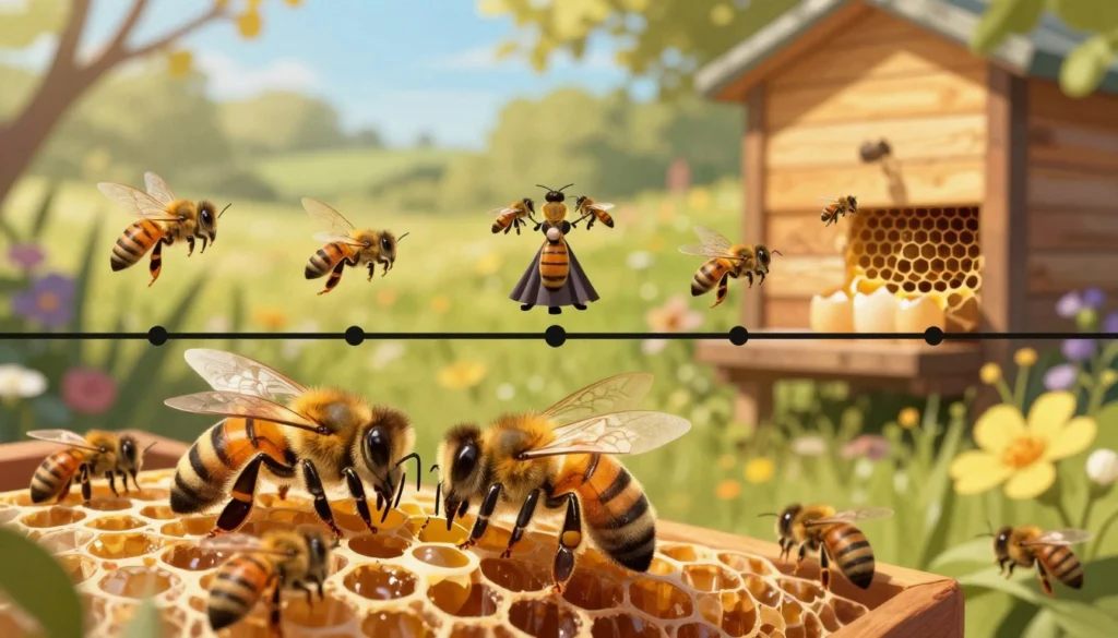 A beautifully illustrated, detailed timeline depicting the queen bee mating process and subsequent egg-laying. In the foreground, multiple queen cells are shown, with a queen bee emerging from one, surrounded by worker bees. The middle layer should include a chronological sequence illustrating distinct stages: her mating flight, the nuptial dance with drones, and the moment of egg-laying in a honeycomb cell. The background features a vibrant, sunny hive setting with flowers blooming outside, symbolizing the rich environment of a bee colony. Use warm, natural lighting to create an inviting atmosphere, with a soft focus on the queen and bees to emphasize their importance in this lifecycle event. The composition should effectively communicate the timeline aspect while remaining visually engaging. A beautifully illustrated, detailed timeline depicting the queen bee mating process and subsequent egg-laying