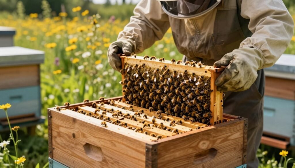 A beautifully organized apiary scene depicting the careful transportation of bees in a nuc box. In the foreground, a sturdy wooden nuc box, partially opened to reveal the bustling activity of bees inside, is highlighted with sunlight sparkling off the bees’ wings. In the middle ground, a beekeeper in professional attire gently handles the box with both hands, exuding focus and care. The background features a vibrant landscape of wildflowers and lush greenery, underscoring the importance of a safe environment for the bees. The lighting is warm and natural, creating an inviting atmosphere. This scene captures a serene and responsible approach to bee transportation, emphasizing safety and respect for the creatures. Use a slight depth of field to draw attention to the beekeeper and the nuc box. A beautifully organized apiary scene depicting the careful transportation of bees in a nuc box. In the foreground, a sturdy wooden nuc box, partially opened to reveal the bustling activity of bees inside, is highlighted with sunlight sparkling off the bees’ wings. In the middle ground, a beekeeper in professional attire gently handles the box with both hands, exuding focus and care. The background features a vibrant landscape of wildflowers and lush greenery, underscoring the importance of a safe environment for the bees. The lighting is warm and natural, creating an inviting atmosphere. This scene captures a serene and responsible approach to bee transportation, emphasizing safety and respect for the creatures. Use a slight depth of field to draw attention to the beekeeper and the nuc box.